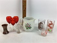 Hall’s pitcher, bud vases, small ruby red water