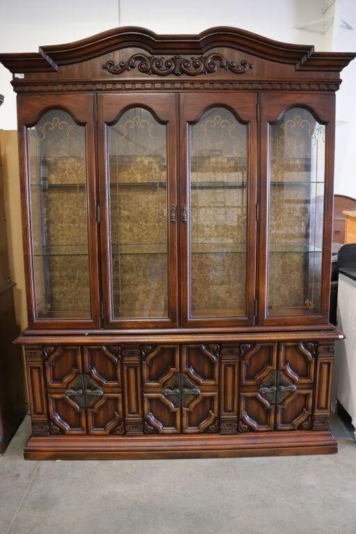 ANTIQUE TWO PIECE LIGHTED CHINA CABINET