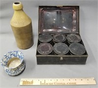Tin Spice Box; Stoneware Bottle & Cuspidor