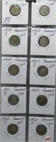 (10) Roosevelt dimes including 1949 P, 1949 D,