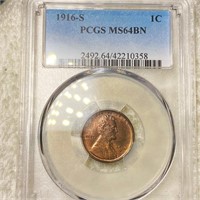 1916-S Lincoln Wheat Penny PCGS - MS 64 BN