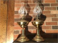 Pair of  no. 2  brass oil  lamps with chimneys