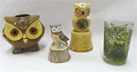 Ceramic owls-2 candle holders-1 bell-4 items