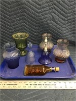 Colored Glass Vases and Avon Bottles Bell Tray