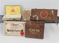 5 CIGAR BOXES - CRESS IS 7.5" WIDE X 6" DEEP X 3.5