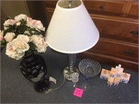 Chrome retro lamp, vases and bowl