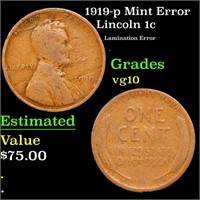 1919-p Lincoln Cent Mint Error 1c Grades vg+