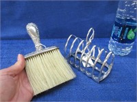 old silver plated toast holder & bonnet brush