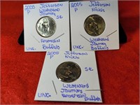 (3) 2005 P UNC Jefferson Nickels