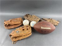 Vintage Baseball Mitts, Football & 2 Softballs