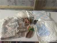 Vtg baby items & baby quilt W Rogers silver cups