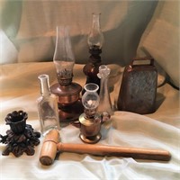 Petite Oil Lamps, Cow Bell & Asst Vintage Items