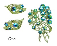 Vintage Coro Teal AB Rhinestone Brooch & Earrings