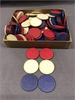 BOX OF VINTAGE RED WHITE AND BLUE POKER CHIPS