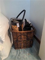 Basket with knitting needles and bag, yarn, iron