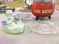 4 Ash Trays Fire Bucket, Ceramic Dog, 2 Glass