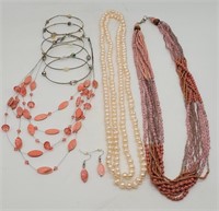 Estate Jewelry - Wire Bracelets, Pink Beaded Neckl