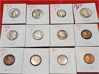 1930s Depression era 12 coins silver quarters dime