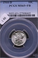 1944 D PCGS MS65 + FULL BANDS MERCURY DIME