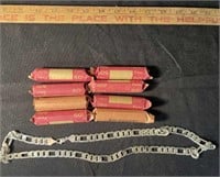 8 Wheat Penny Rolls And Silver Chain