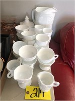 Milk glass pitcher, cups & mugs