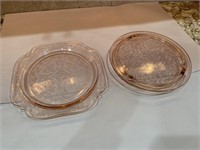2 Pieces of Pink Depression Glass, One Square