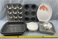 Muffin Tins, 8”x11” Enamel Pans, Corelle Bowls,