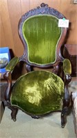 Antique chair carved wood. Green velvet BFR