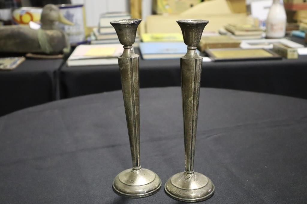 Sterling weighted tall candlesticks engraved HD