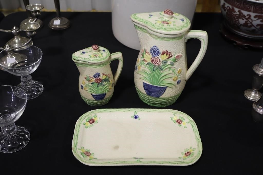 Pair of Japan art pottery pitchers with lids and