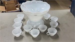 Grape Pattern Milk Glass Punch Bowl Set