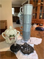 Cups, ceramic jar, owl trivet & incense burner