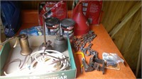 oil cans, funnel, chain