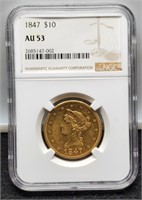 1847 Slab $10 Gold Liberty NGC AU53