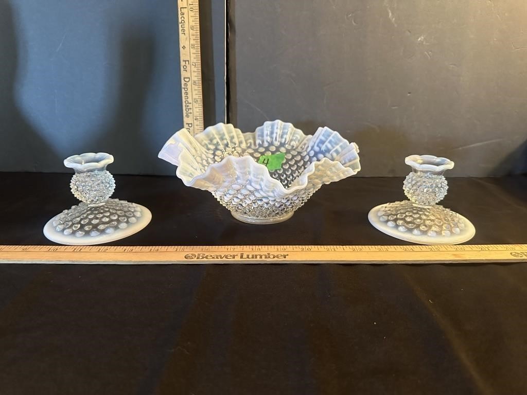 Vintage hobnail bowl & candle holders