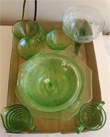 TRAY OF GREEN DEPRESSION GLASS