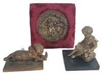 Plaque & 2 Bronze Statues