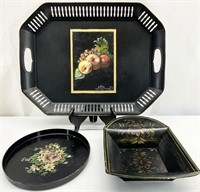3 Metal Tole Hand Painted Tray