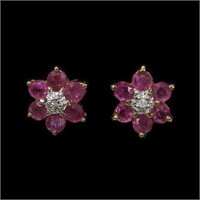 10K Yellow gold natural ruby floral post earrings