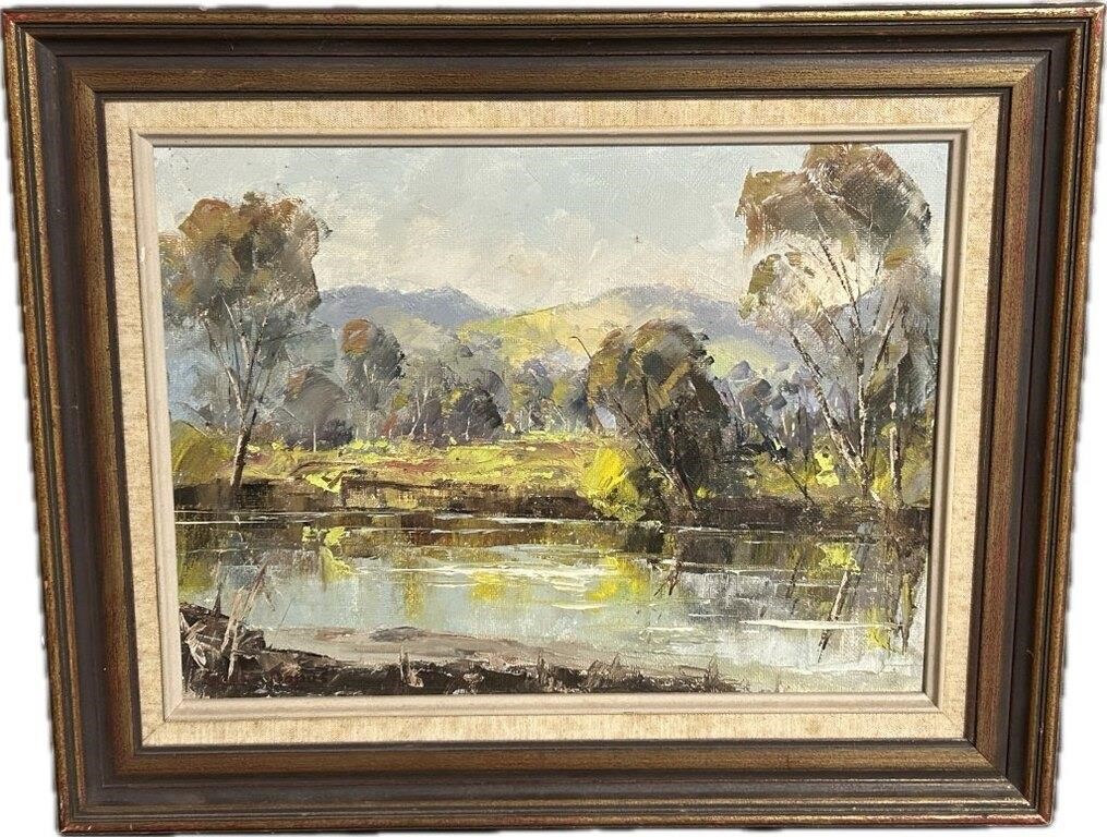 Ovens River Markwood Oil On Canvas Landscape.