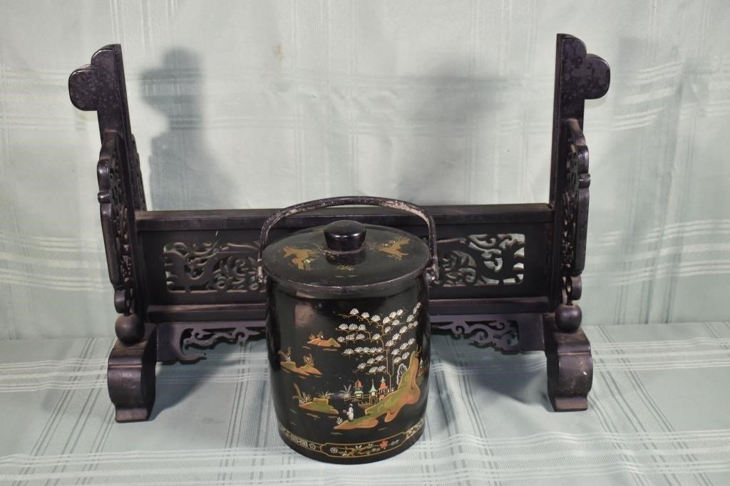Asian objects: carved wood table screen base, meta