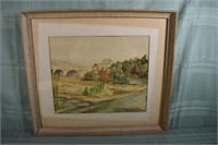 Framed watercolor on paper, DC Key Bridge landscap