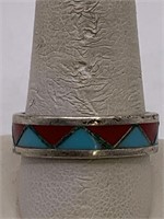 STERLING SILVER RING W/ TURQUOISE & CORAL INLAY