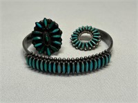 Silver & Turquoise Needlepoint Bracelet, Ring +