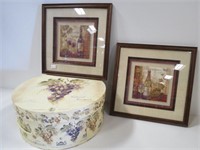 2 Matted & Framed "Wine" Pictures & Round Box
