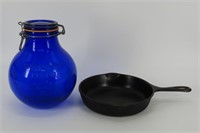 Cast Iron Skillet & Cobalt Glass Canister