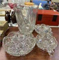 Heavy Glass Vase, Cut Glass Bowl, and Two Glass Na