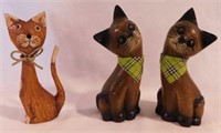 3 carved wood cat figurines, 6" tall
