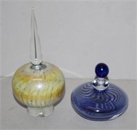 Two Tasmanian art glass perfume bottles