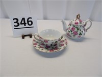 Victoria's Tea Room Tea Pot, Cup & Saucer